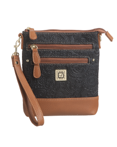 Embossed Paisley Bonded Leather N/S 3-Bagger-Black/Tan