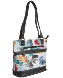 Printed Floral Leather Tote-Multi color/Black trim